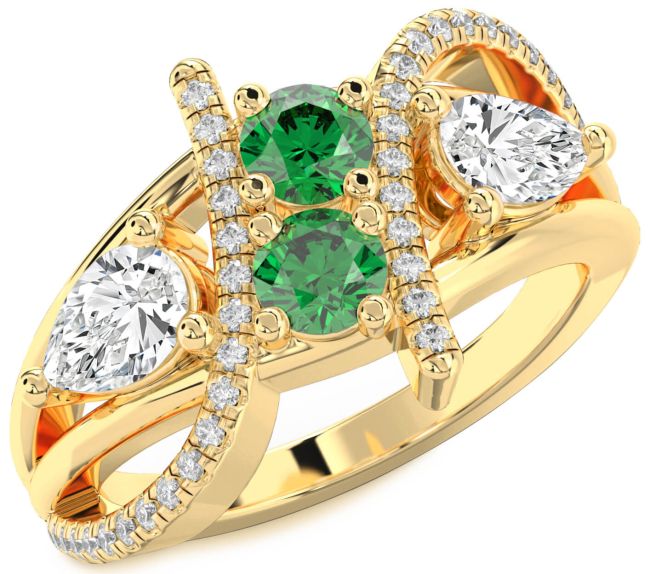 Diamond Emerald Gold Round Three Stone Birthstone Ring