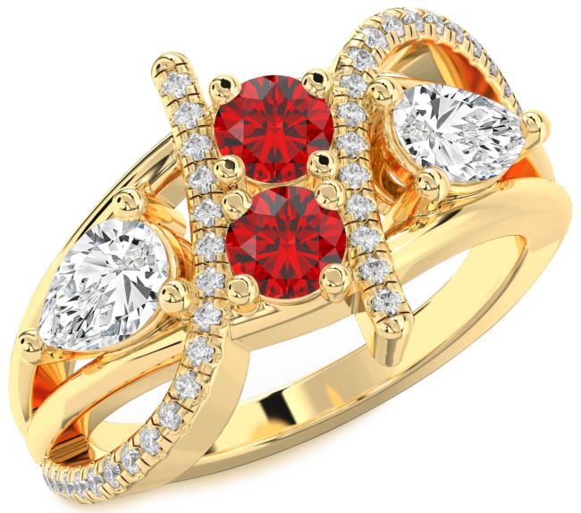 Diamond Ruby Gold Silver Round Three Stone Birthstone Ring