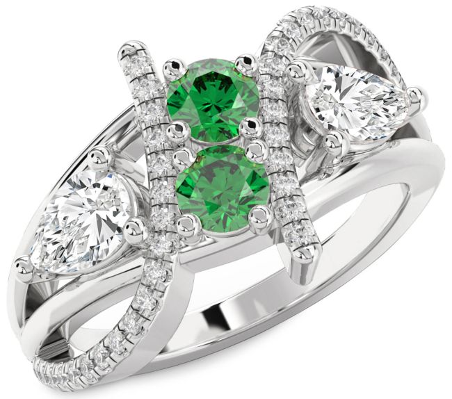 Diamond Emerald Silver Round Three Stone Birthstone Ring