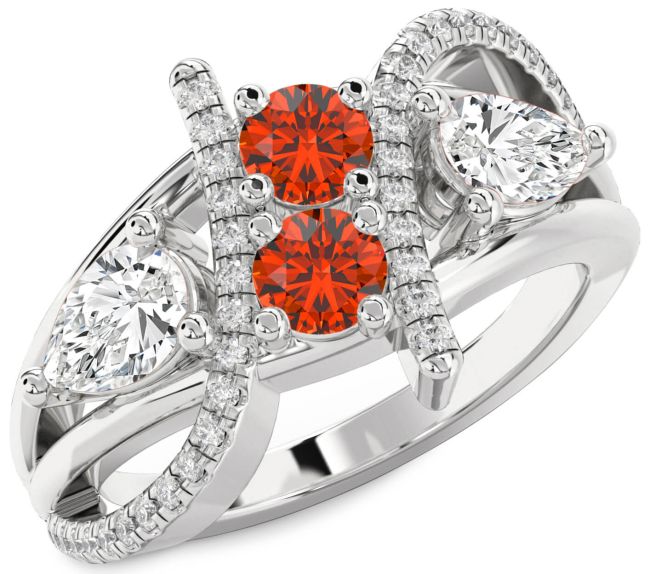 Diamond Fire Opal Platinum Round Three Stone Ring