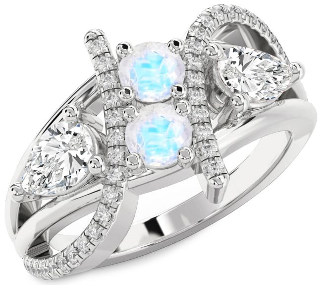 Diamond Moonstone Platinum Round Three Stone Ring