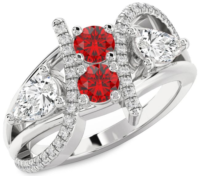 Diamond Ruby Silver Round Three Stone Birthstone Ring