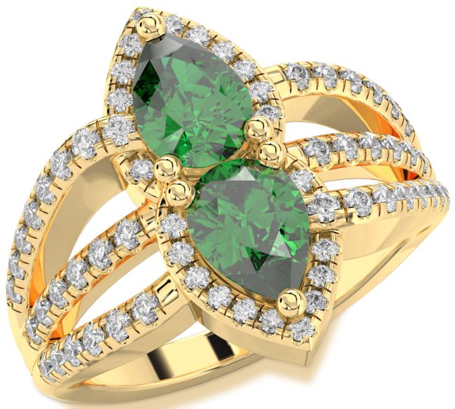 Diamond Emerald Gold Pear Two Stone Birthstone Ring