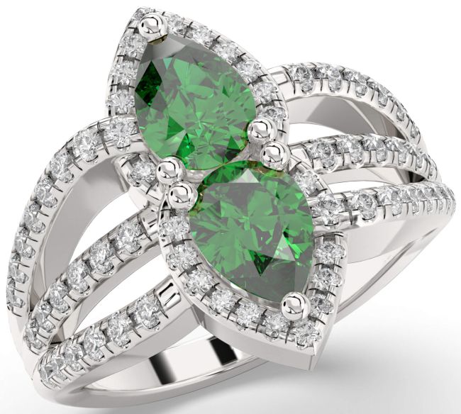 Diamond Emerald Silver Pear Two Stone Birthstone Ring