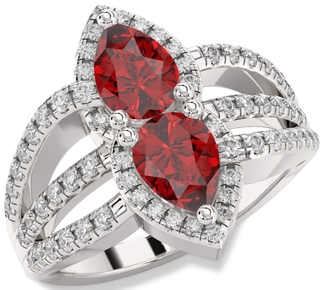Diamond Ruby Silver Pear Two Stone Birthstone Ring