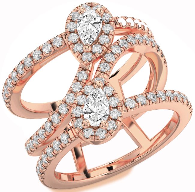 Diamond Rose Gold Silver Pear Two Stone Ring