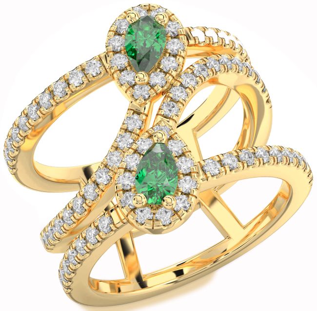 Diamond Emerald Gold Pear Two Stone Birthstone Ring