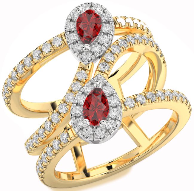 Diamond Ruby Gold Silver Pear Two Stone Birthstone Ring