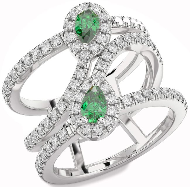 Diamond Emerald Silver Pear Two Stone Birthstone Ring