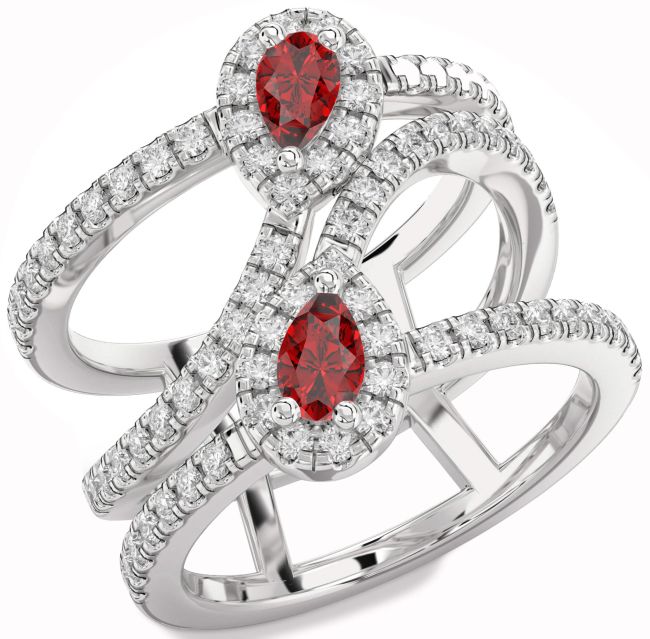 Diamond Ruby Silver Pear Two Stone Birthstone Ring