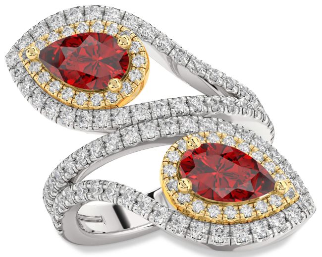 Diamond Ruby Gold Silver Pear Two Stone Birthstone Ring