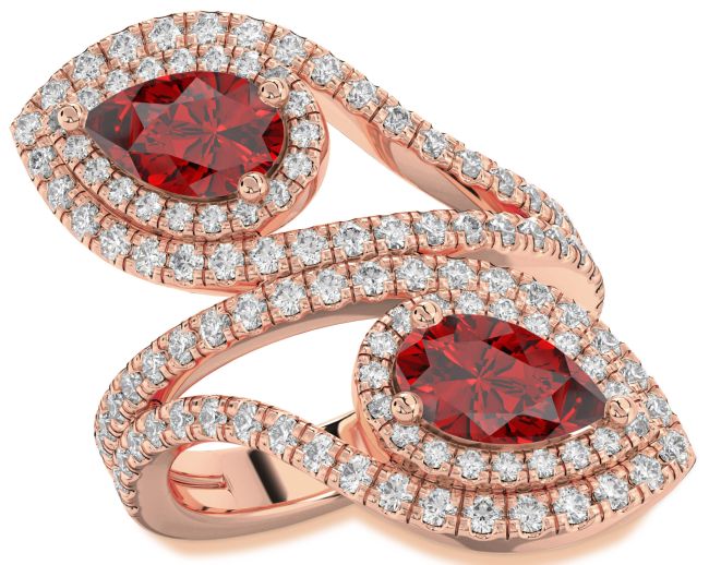 Diamond Ruby Rose Gold Pear Two Stone Birthstone Ring