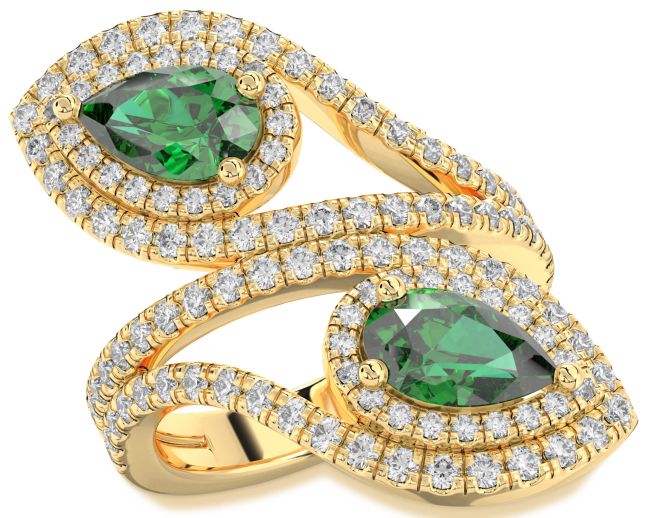 Diamond Emerald Gold Pear Two Stone Birthstone Ring