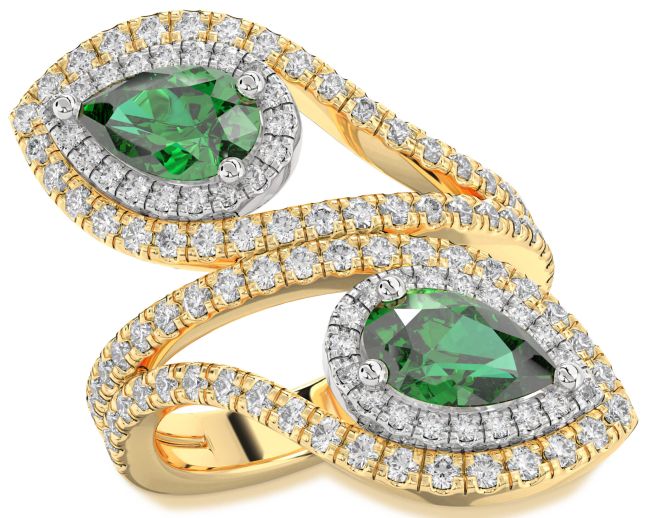 Diamond Emerald Gold Silver Pear Two Stone Birthstone Ring