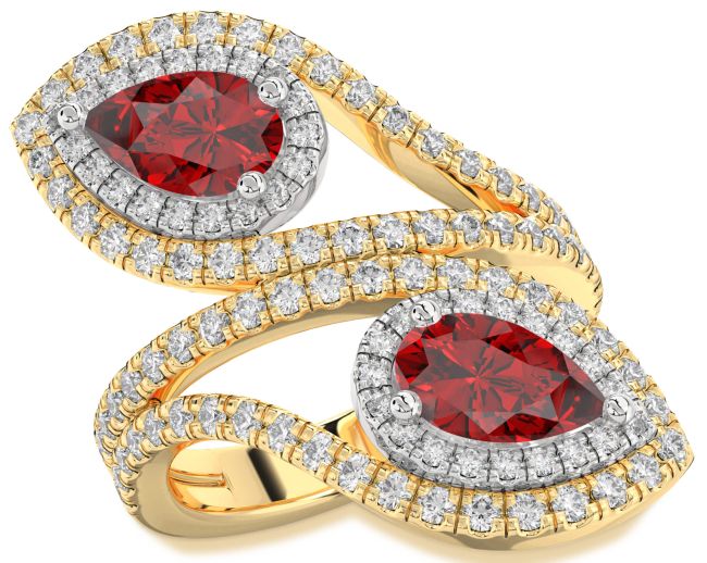 Diamond Ruby Gold Silver Pear Two Stone Birthstone Ring