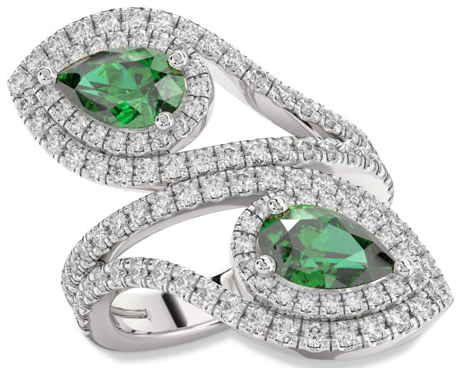 Diamond Emerald Silver Pear Two Stone Birthstone Ring