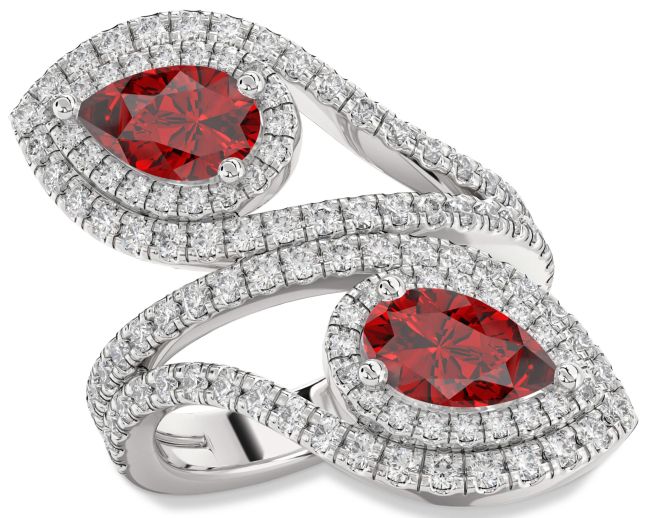Diamond Ruby Silver Pear Two Stone Birthstone Ring