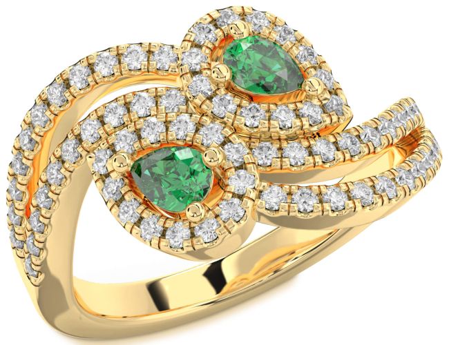 Diamond Emerald Gold Pear Two Stone Birthstone Ring