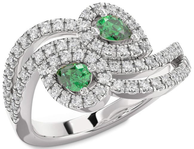 Diamond Emerald Silver Pear Two Stone Birthstone Ring
