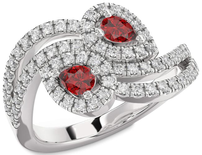 Diamond Ruby Silver Pear Two Stone Birthstone Ring