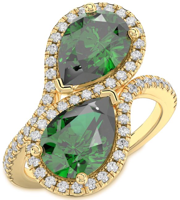 Diamond Emerald Gold Pear Two Stone Birthstone Ring