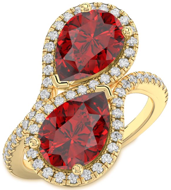 Diamond Ruby Gold Pear Two Stone Birthstone Ring