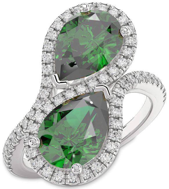 Diamond Emerald Silver Pear Two Stone Birthstone Ring