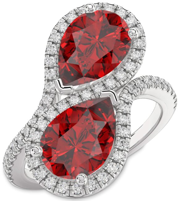 Diamond Ruby Silver Pear Two Stone Birthstone Ring