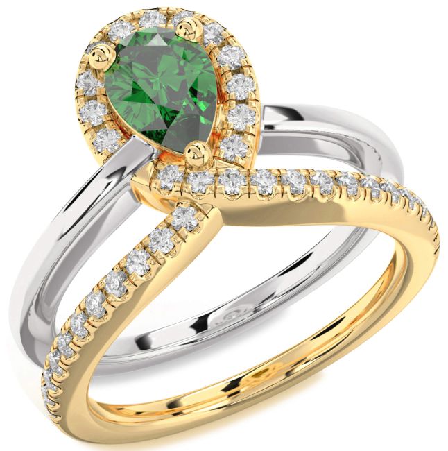 Diamond Emerald Gold Silver Pear Promise Ring