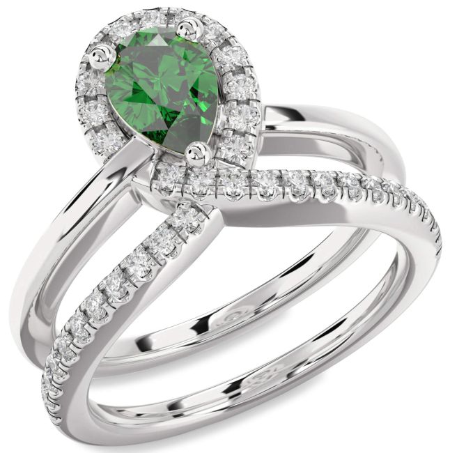Diamond Emerald Silver Pear Promise Ring