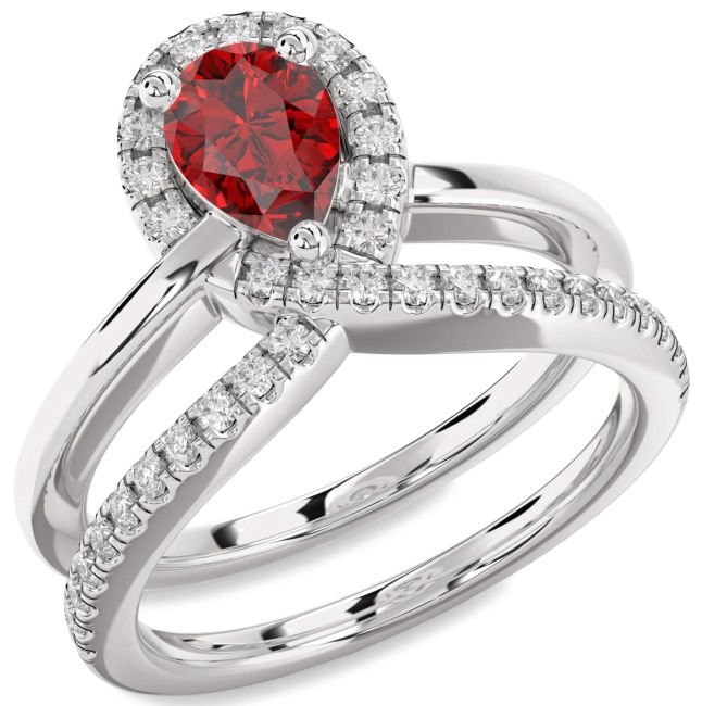 Diamond Ruby Silver Pear Promise Ring