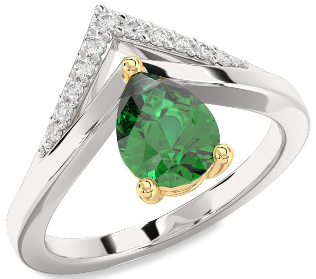 Diamond Emerald Gold Silver Pear Promise Ring