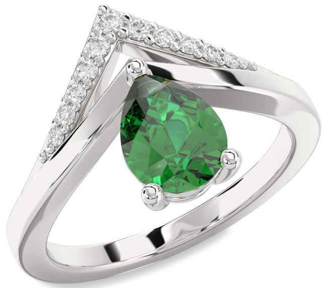 Diamond Emerald Silver Pear Promise Ring
