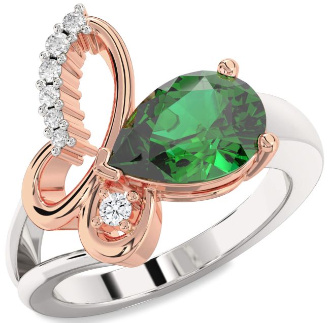 Diamond Emerald Rose Gold Silver Butterfly Ring