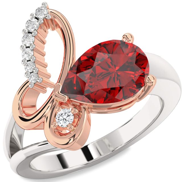 Diamond Ruby Rose Gold Silver Butterfly Ring