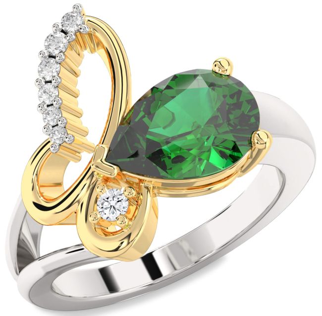Diamond Emerald Gold Silver Butterfly Ring
