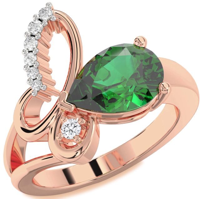 Diamond Emerald Rose Gold Silver Butterfly Ring