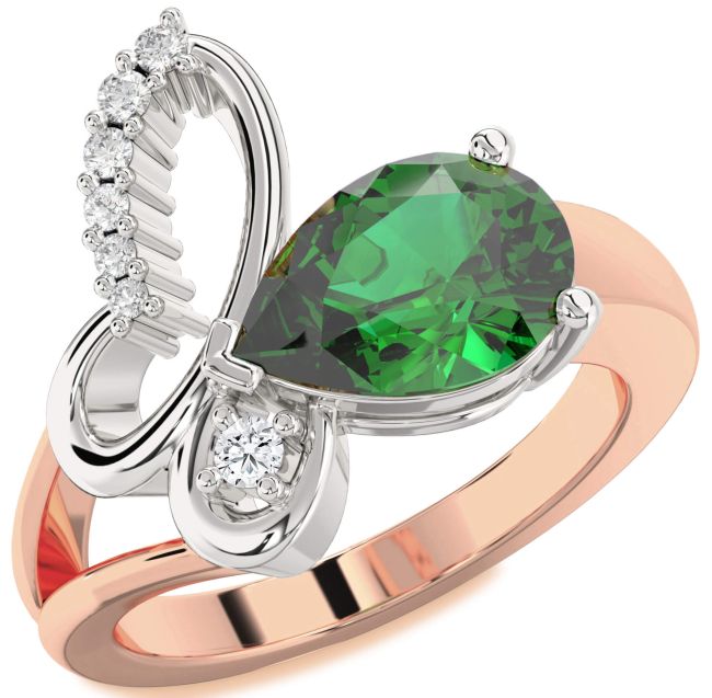 Diamond Emerald Rose Gold Silver Butterfly Ring