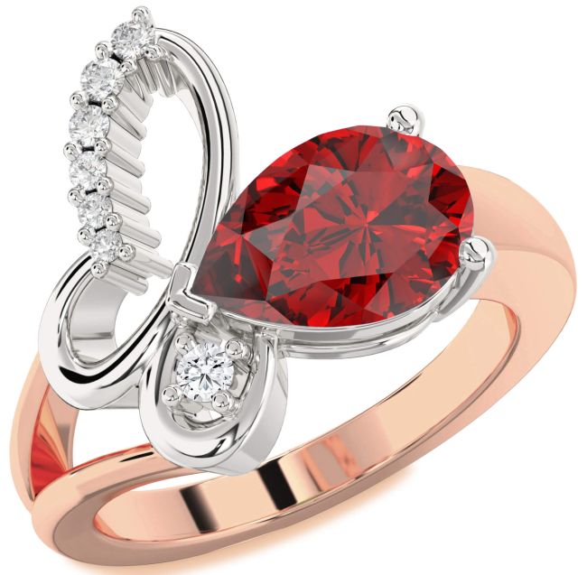 Diamond Ruby Rose Gold Silver Butterfly Ring