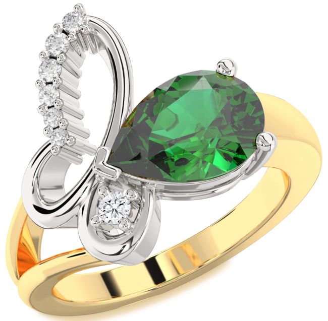 Diamond Emerald Gold Silver Butterfly Ring