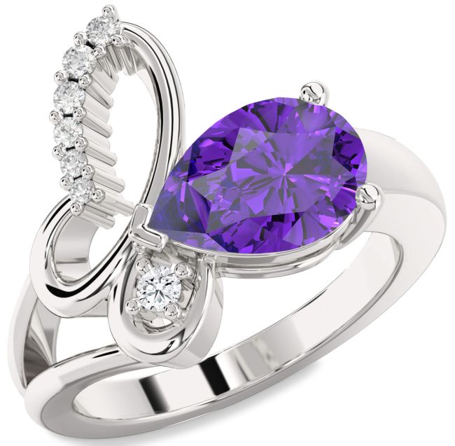 Diamond Amethyst Silver Butterfly Ring