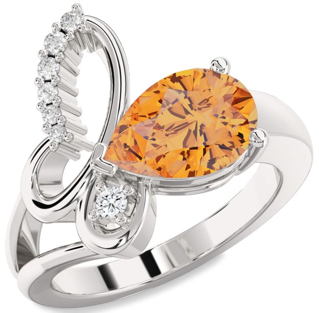 Diamond Citrine Silver Butterfly Ring