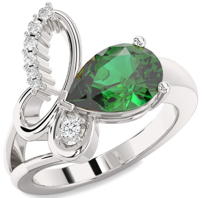 Diamond Emerald Silver Butterfly Ring