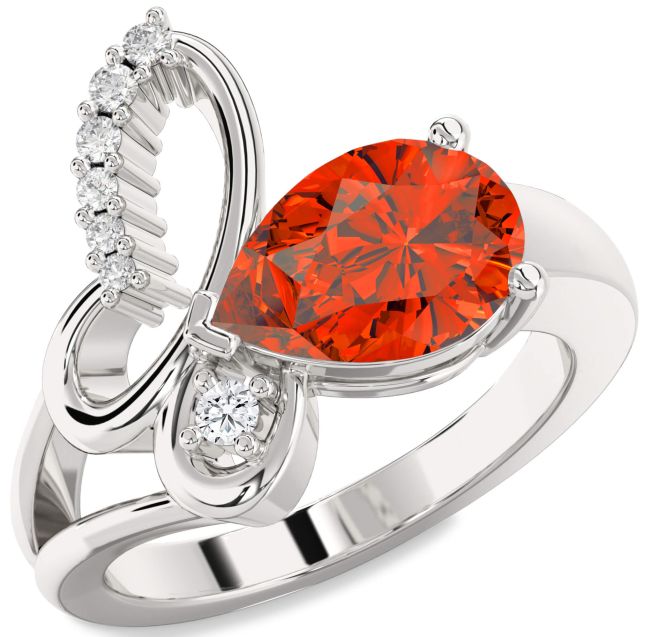 Diamond Fire Opal Silver Butterfly Ring