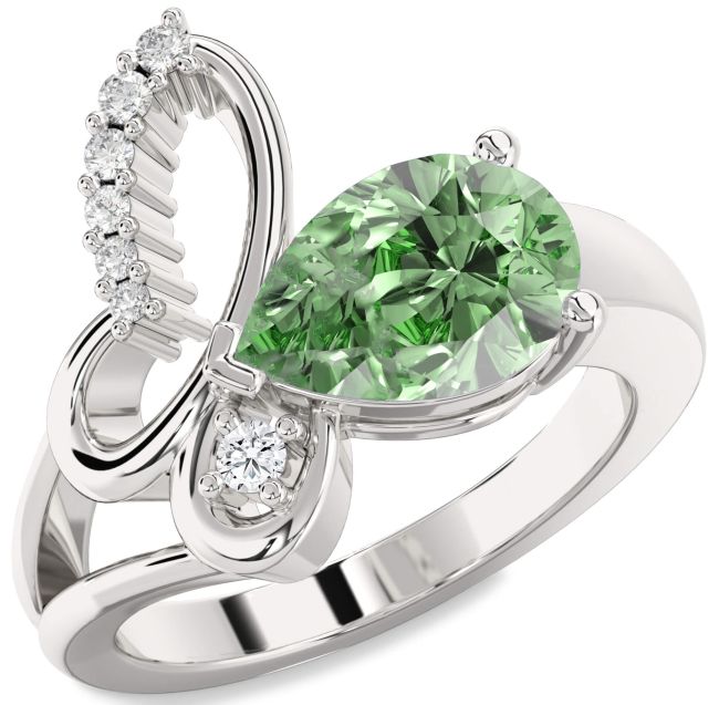 Green Diamond Silver Butterfly Ring
