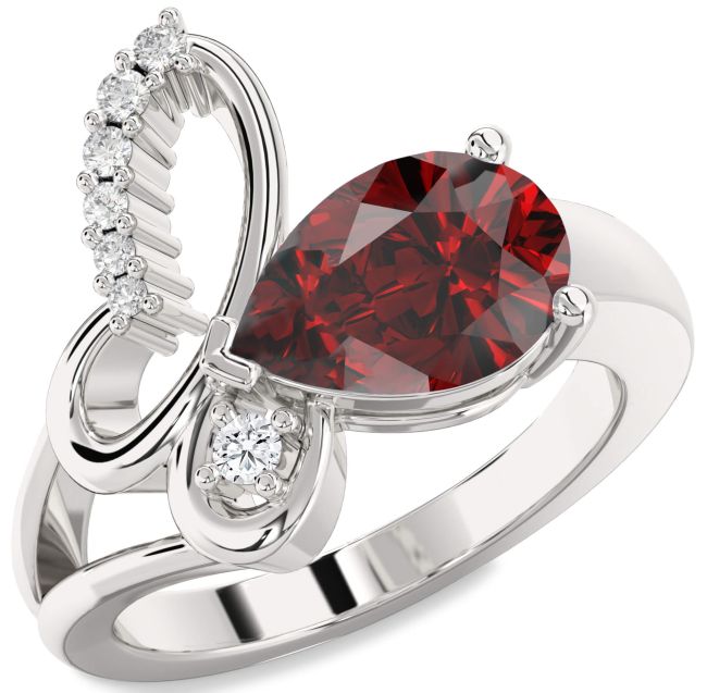 Diamond Garnet Silver Butterfly Ring