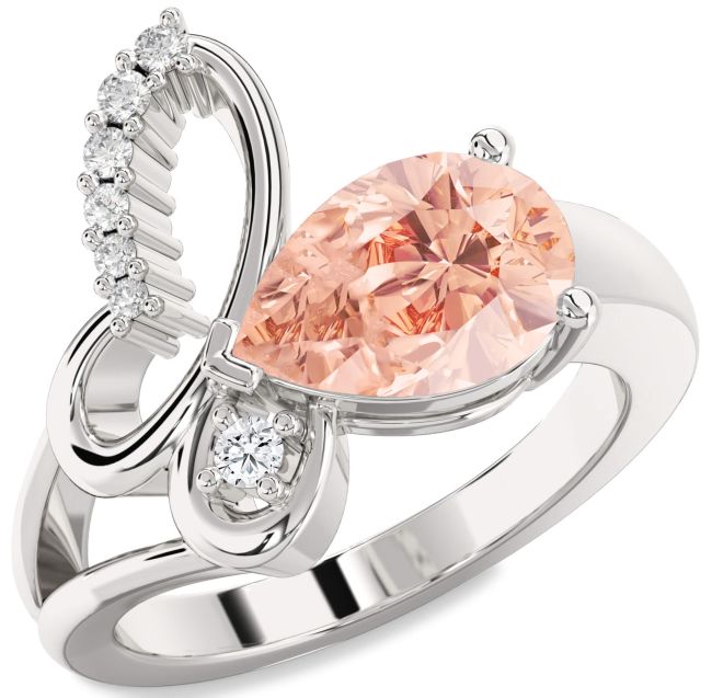 Diamond Morganite Silver Butterfly Ring