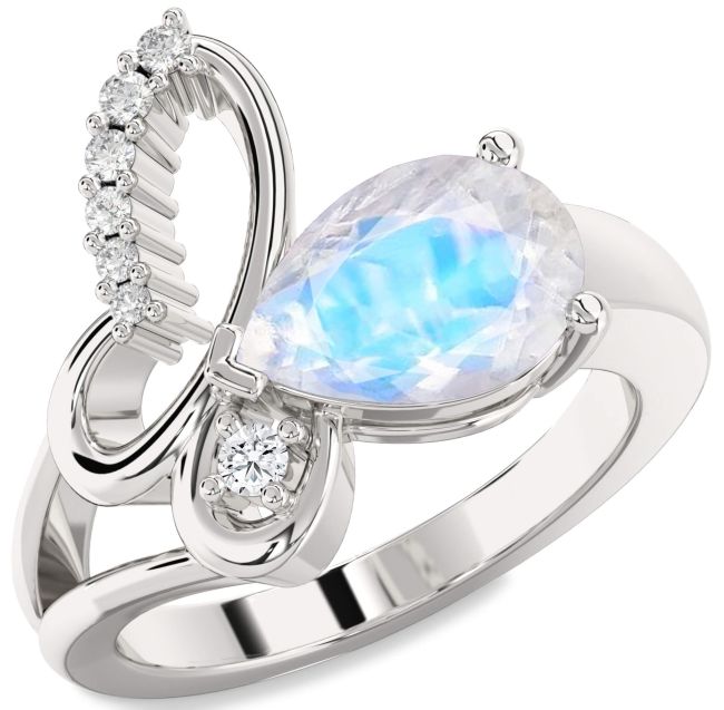 Diamond Moonstone Silver Butterfly Ring