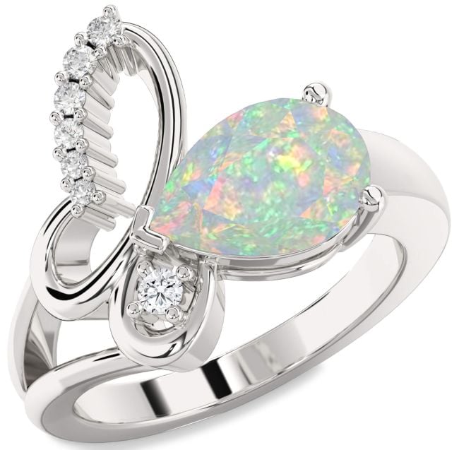 Diamond Opal Silver Butterfly Ring