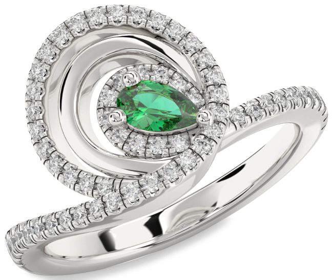 Diamond Emerald Silver Pear Pave Promise Ring